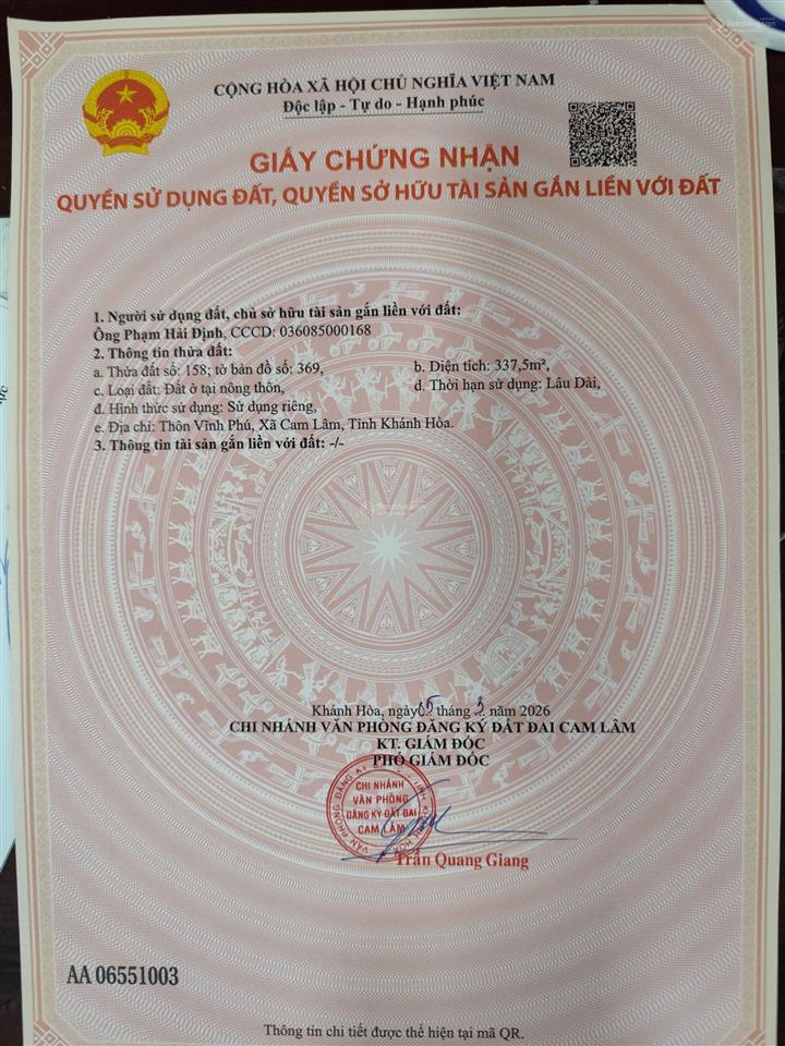Bán đất cam lâm đường 20m đất full thổ cư đối diện sân golf vingroup