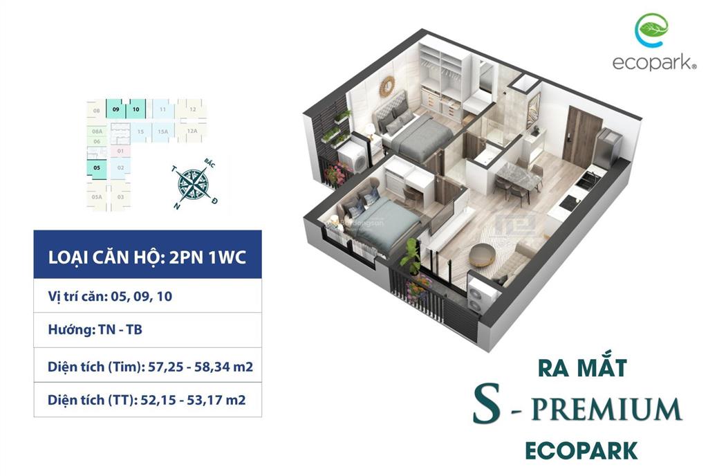 Bán căn hộ cc sp sky oasis ecopark hưng yên thiết kế 2pn 1vs dt 52m2 giá tốt,  0913 969 ***