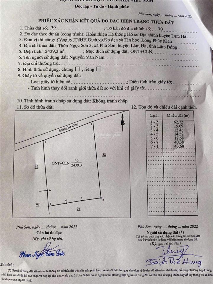 Chính chủ bán đất thổ cư diện tích 2439.3m² phú sơn  lâm hà, cách đà lạt 40km