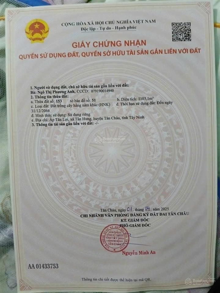 Chính chủ cần tiền bán lỗ lô đất cách chợ tân hưng 2km, ngang 9,5m hậu 110m