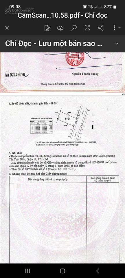 Bán lô đất thổ cư 230m2 mặt tiền đường tân thới nhất 7 quận 12