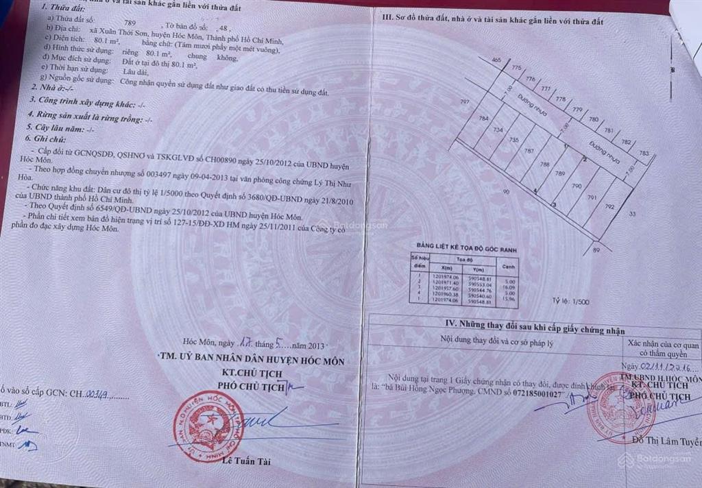 Bán lô đất thổ cư 80m2 đường nhựa 7m một sẹc đường nguyễn thị thử hóc môn diện tích 5 x 16 = 80m