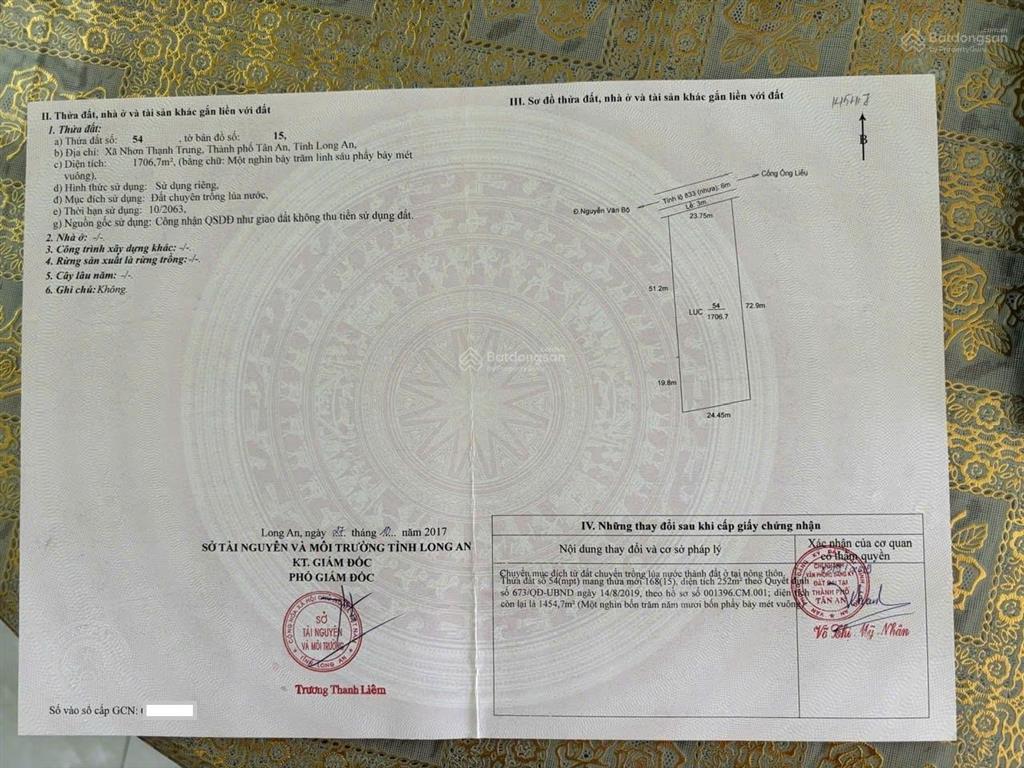 Bán đất mặt tiền đt833 tp. tân an, ngang 24m dài 72m