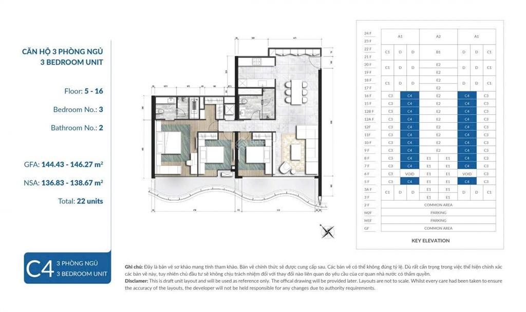 Layout á hậu của waterina suites với các phòng đều hướng trực diện sông lầu cao