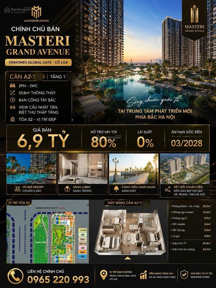 Chính chủ bán căn 2pn masteri grand avenue cổ loa 59,8m2 giá 6,9 tỷ view cầu nhật tân cực thoáng