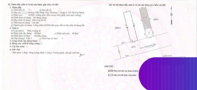 ( 6.7 tỷ tl) nhà hẻm 5m, 1 sẹc trần nhân tôn, 3,3m x 15m, 50m, gần mặt tiền