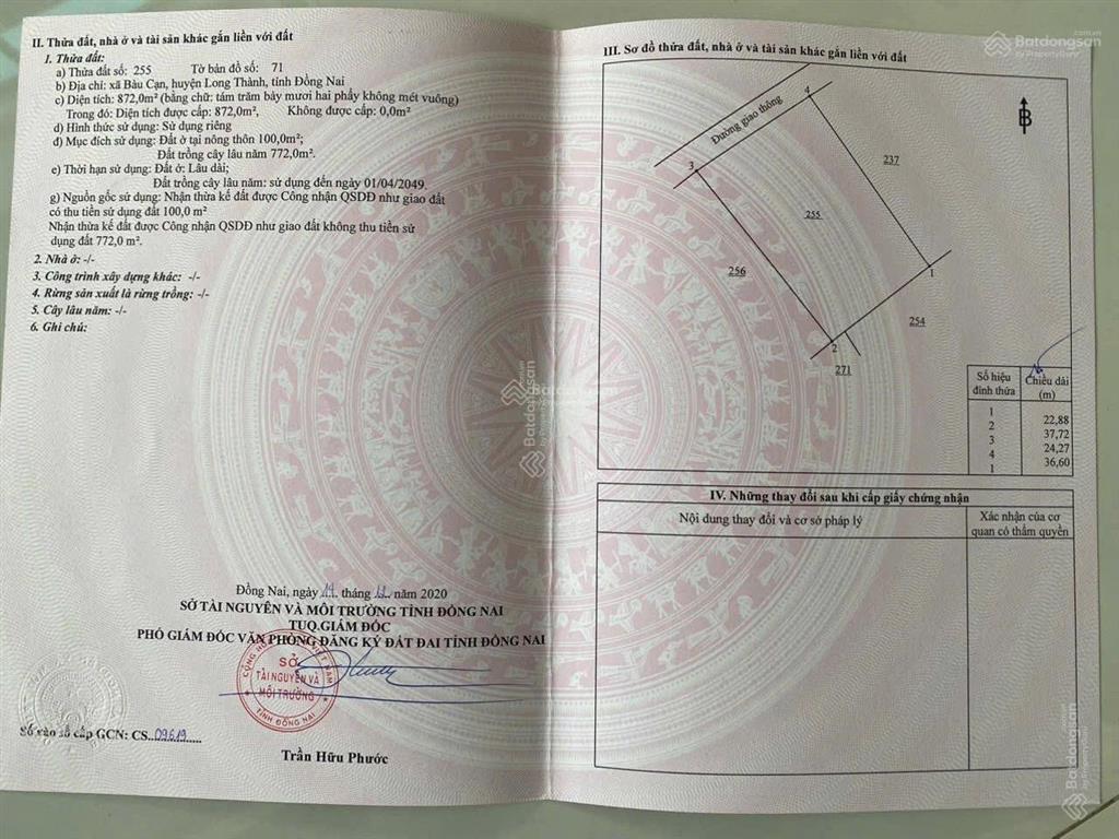 Cần bán lô đất 872m2 thổ cư + sổ riêng giá 3,5 tỷ