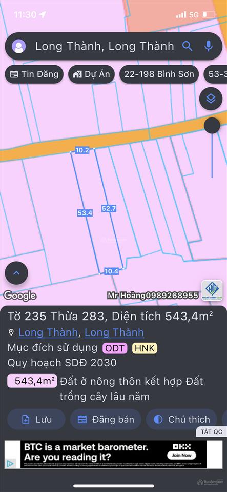 Chính chủ gửi bán lô 543m2 thổ cư + sổ riêng cổng trước sân bay long thành