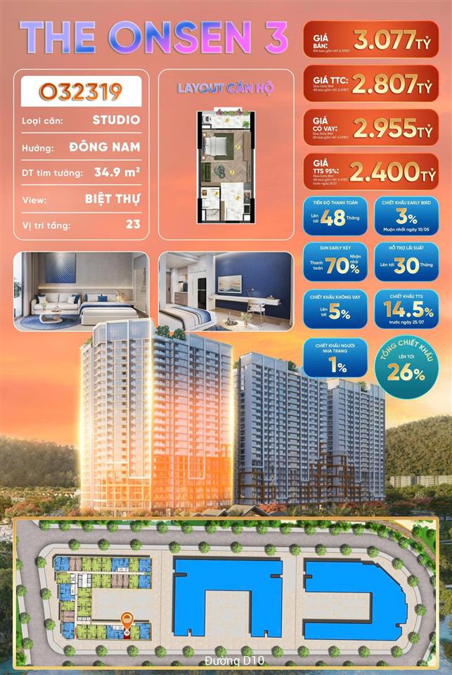 Charmora city  sun group nha trang  o32319 căn 19, tầng 23 view biệt thự, hướng đông nam