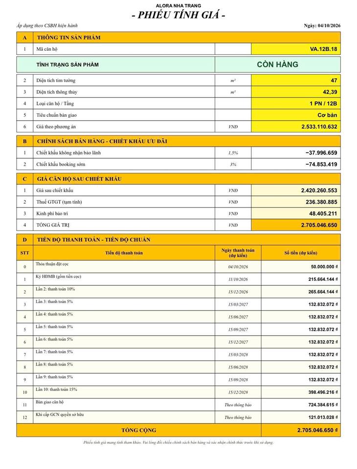 Alora vega city bãi tiên nha trang căn hộ 1 phòng ngủ view biển 2,7 tỷ  47m²