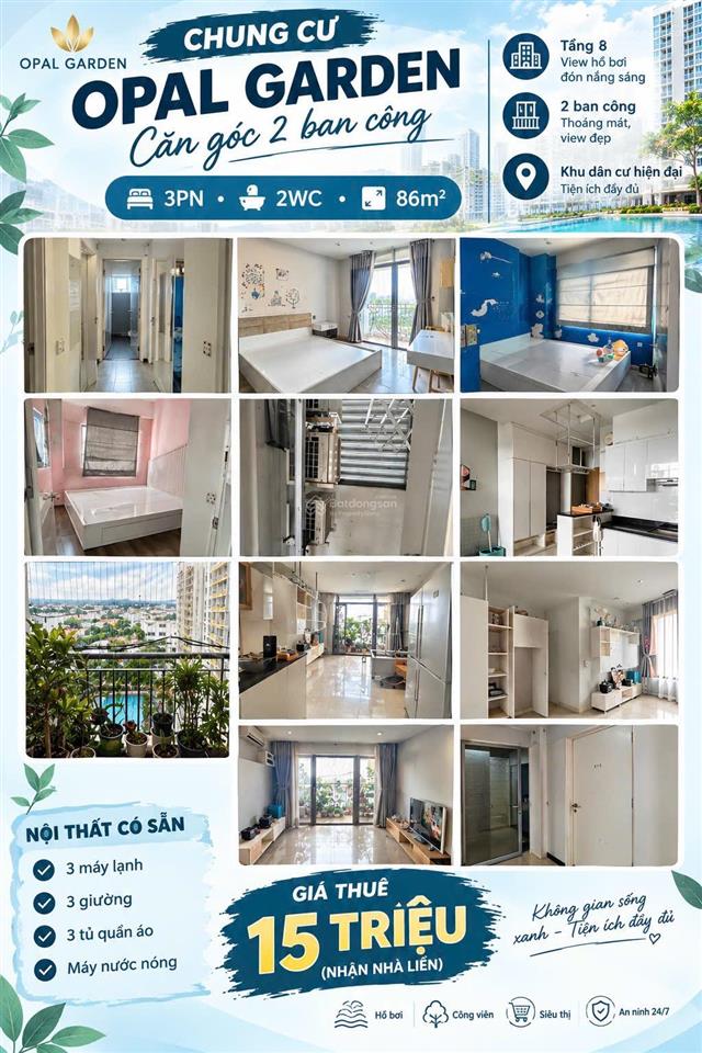Cho thuê opal garden 3pn 87m2  chỉ 15tr/th. cạnh bên tttm gigamall. ngay cầu bình lợi  bình thạnh