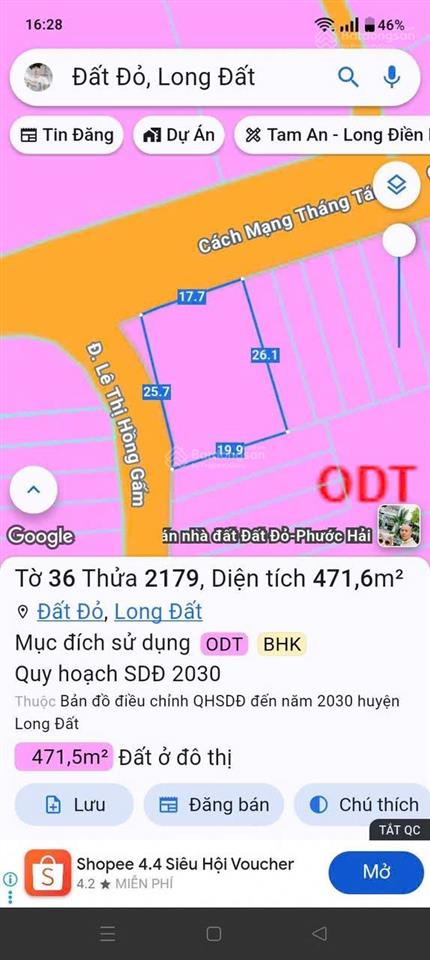 Bán lô góc 2 mặt tiền đường nhựa cmtt  lthg thuộc tt đất đỏ (cũ)  brvt tp hcm ngang 17 dài 26 th