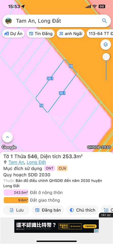Chính chủ gửi em bán lô đất mặt tiền 44 b bây giờ là đường 996 c , dt 253 m 10x26 tc100