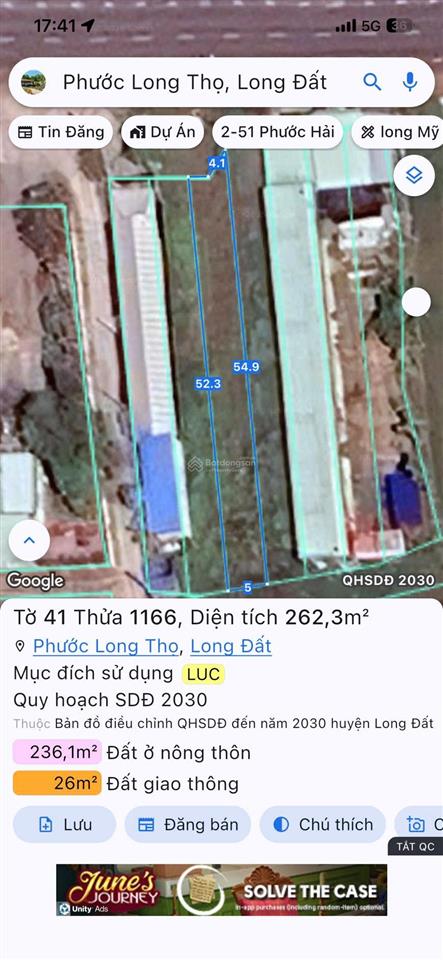 Chủ gửi bán lô đất mặt tiền ql55 xã phươc long thọ , đối diện khu công nghiệp đất đỏ dt 261