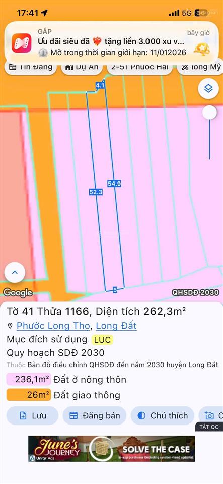 Chủ gửi bán lô đất mặt tiền ql55 xã phươc long thọ , đối diện khu công nghiệp đất đỏ dt 261