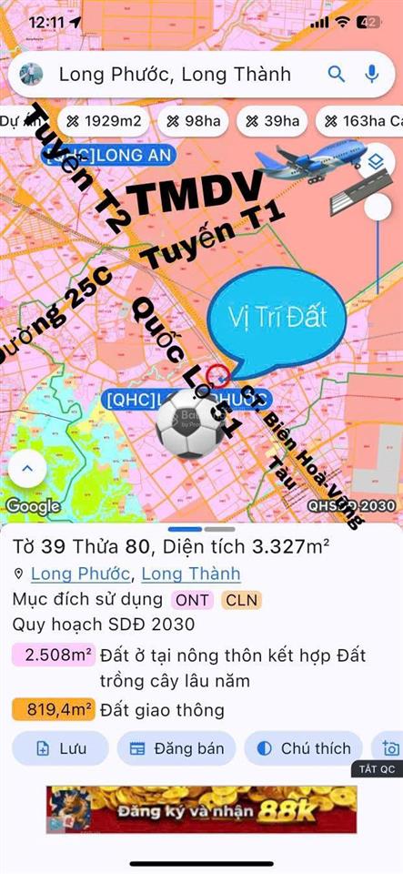 Hot! 3327m2 có 300m2 thổ cư, mặt trước sân bay, kcn bàu cạn, ql51, vị trí đẹp, giá tốt nhất