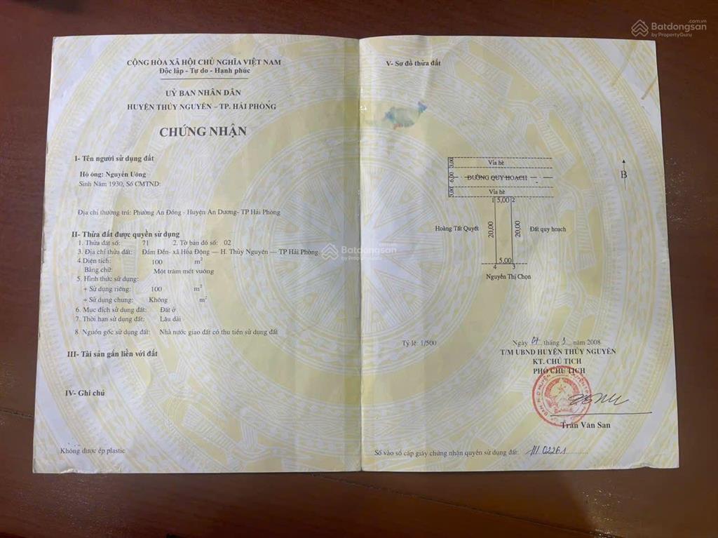 Bán lô đất phân lô chung cư huê, hoa động ( nay là phường thuỷ nguyên)
diện tích 100m vuông nga