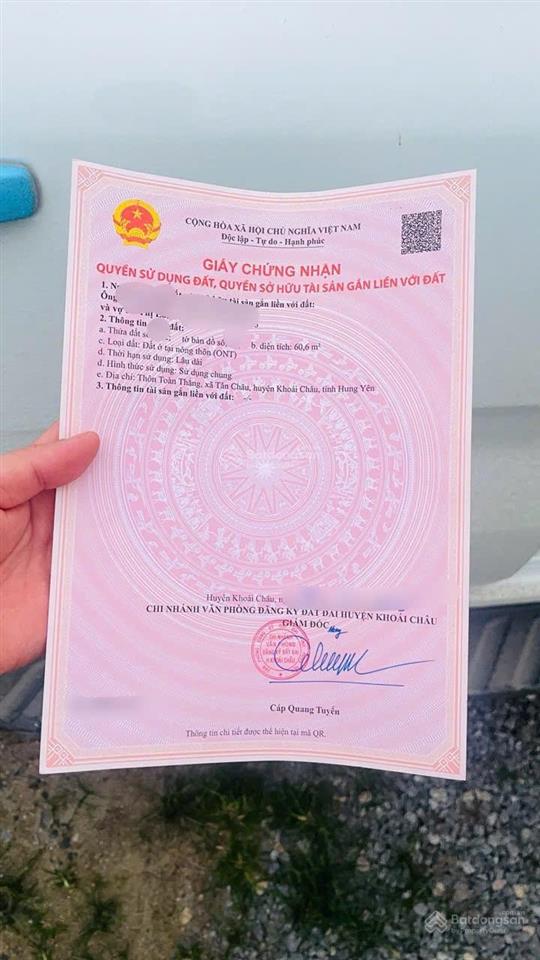 Chính chủ bán 60.6m2 đất toàn thắng, châu ninh (tân châu cũ), khoái châu hưng yên
