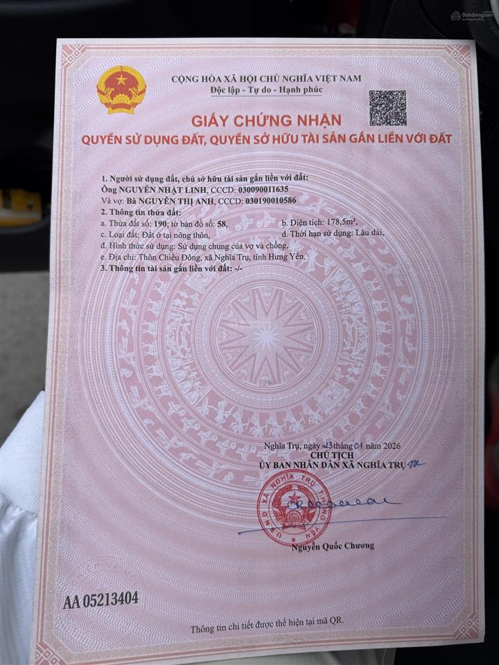 178.5m2 đất chiều đông mặt đường 10m áp phan  nghĩa trụ full tiện ích