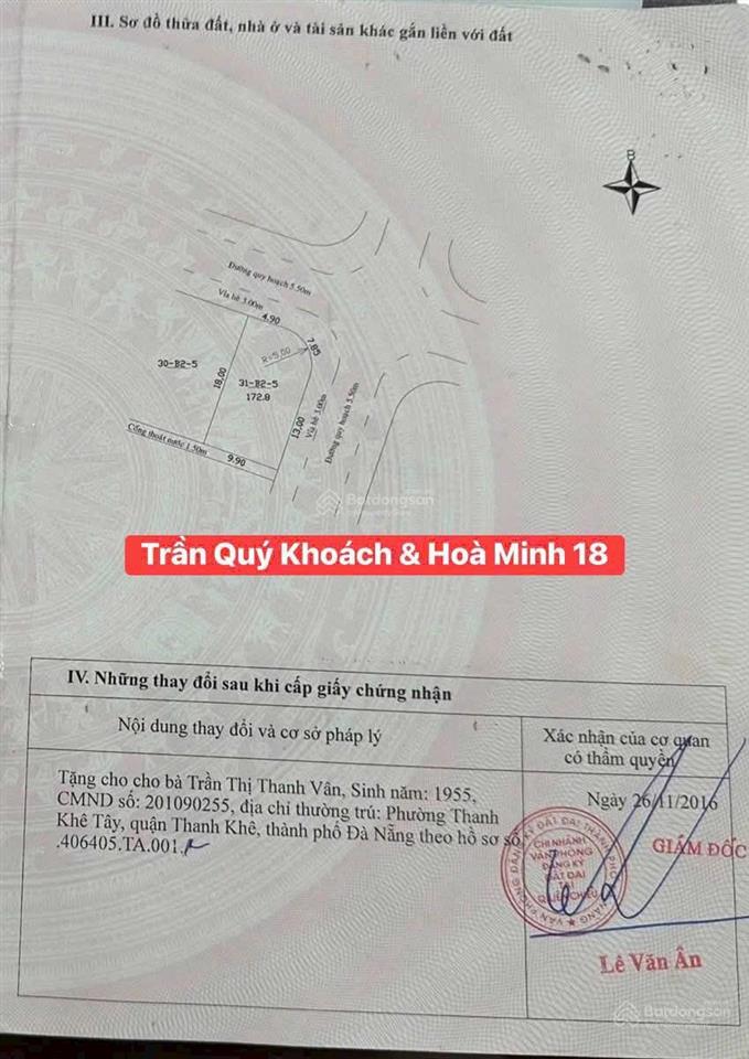 Bán lô góc đẹp đường trần quý khoách và hoà minh 18 ngay trung tâm khu vực liên chiểu, gần biển