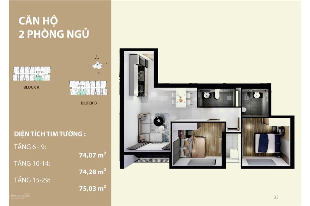 Bán căn hộ 2pn loại 75m nằm ngang tất cả các phòng đều tiếp xúc môi trường tự nhiên