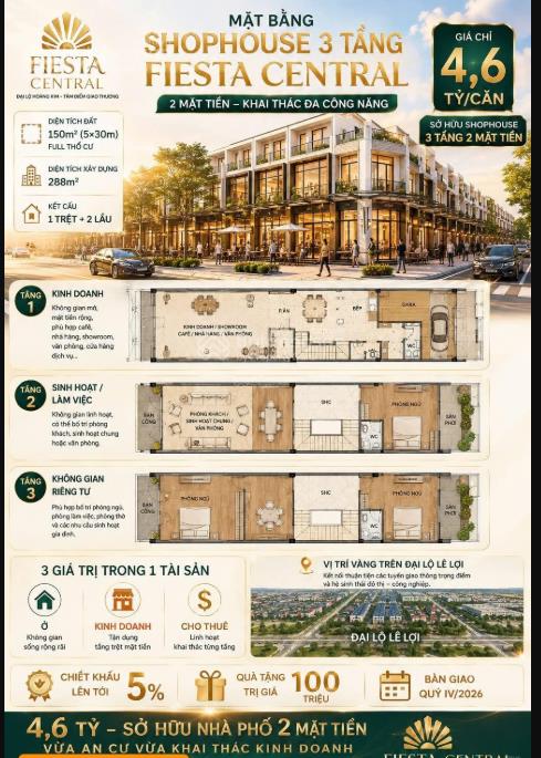 Đầu tư 4,6 tỷ tại fiesta central cho thuê 30 triệu/tháng với căn shophouse 2 mặt tiền 150m2x3 tầng