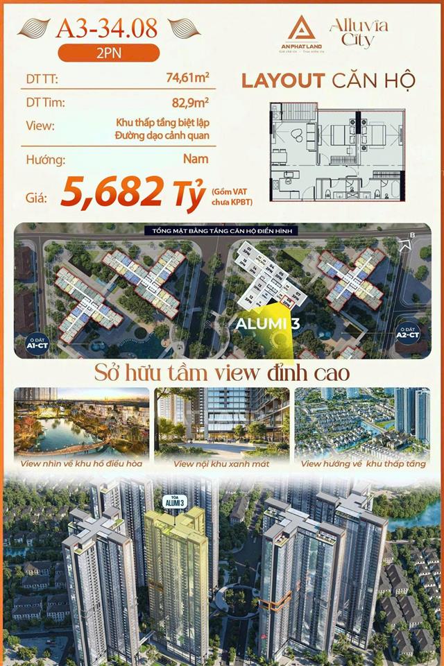 Căn góc 2pn tầng cao view thoáng 74m2 hướng nam alluvia city  cơ hội đón sóng tăng giá phía đông