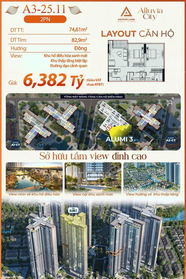 Căn góc 2pn tầng cao, dt 74m3 hướng đông view trực diện hồ điều hòa cực hiếm tại alumi, văn giang