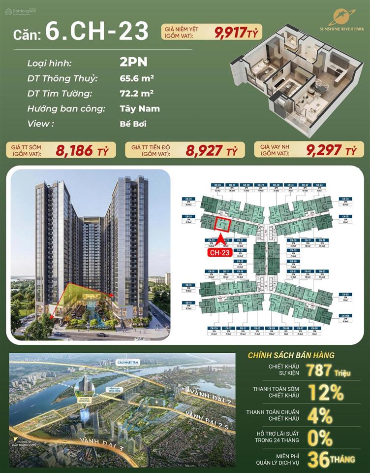 Chiết khấu 12%, giá chỉ 8,186tỷ cho căn hộ hạng sang 2pn ngay cạnh kđt ciputra|sunshine river park
