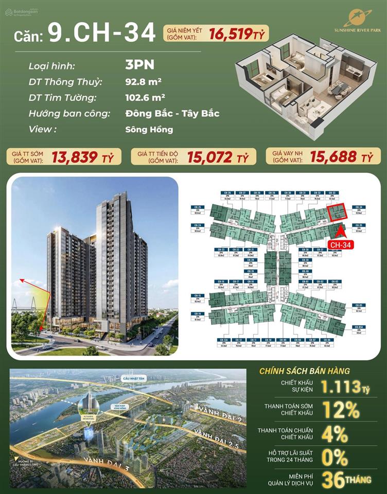 Sở hữu ngay căn góc 3pn dt 92m² giá tốt ck 12% ngay cạnh kđt ciputra  view sông hồng triệu đô