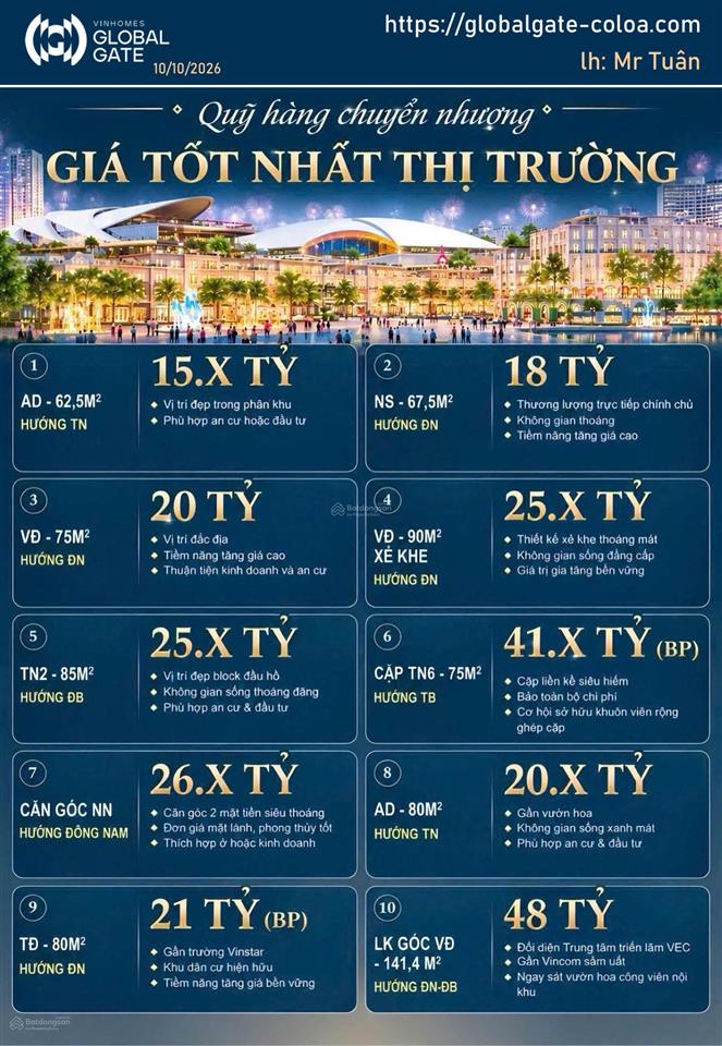 10/10/2026 quỹ hàng chuyển nhượng 10 căn liền kề vinhomes cổ loa