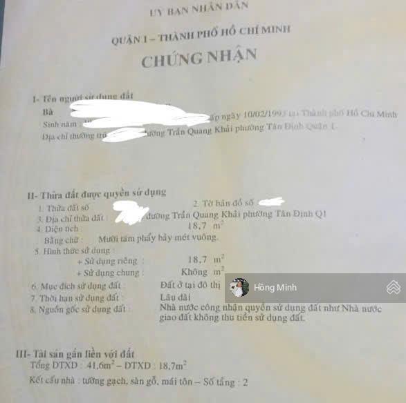 Bán nhà hẻm trần quang khải, p. tân định, quận 1, dt 19m2, 2 tầng, giá 1.95 tỷ