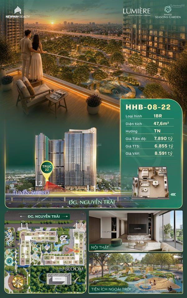 Căn hhb0822 | 1pn 47,6m | lumière hanoi seasons garden view trực diện nội khu the bloom