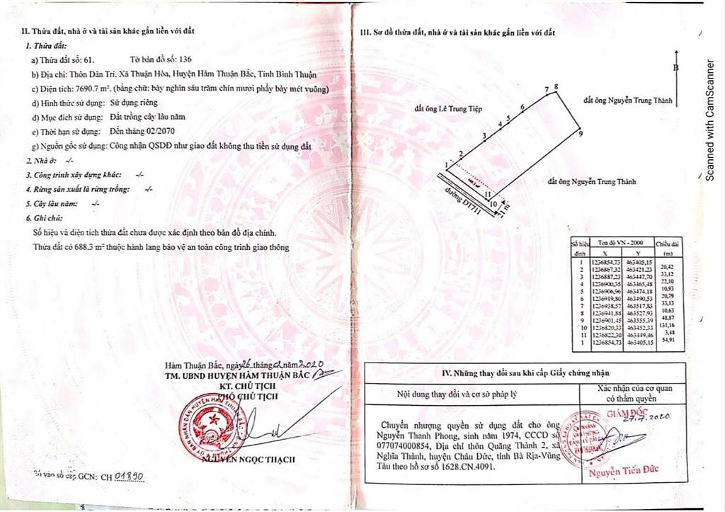 Chủ gửi bán lô đất, thôn dân trí, xã thuận hòa, dt 7sào6, cln qh thổ cư