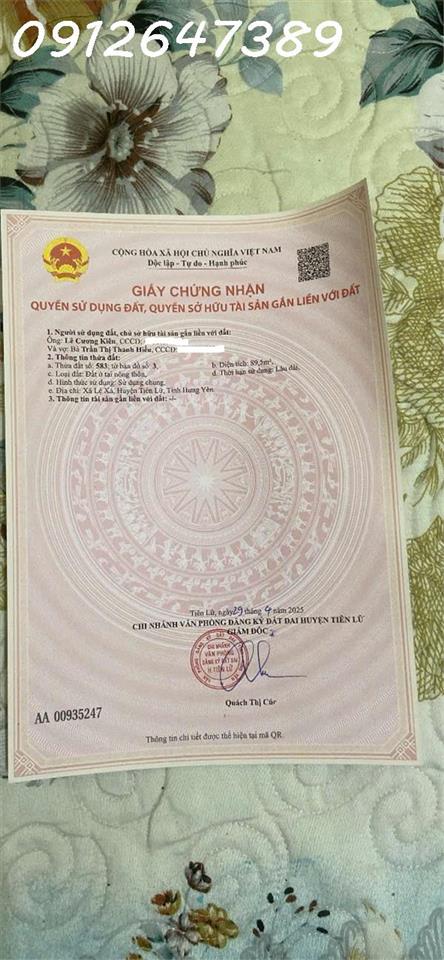 Bán đất tại Lệ Xá, Tiên Lữ, Hưng Yên, giá ưu đãi 2,6 tỷ, diện tích 89,5 m2