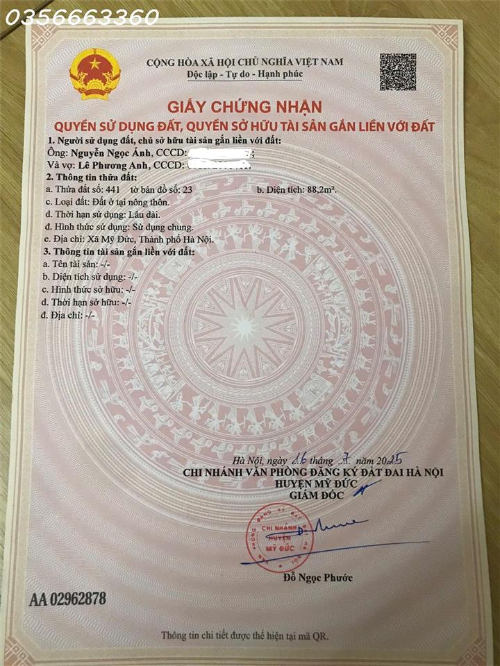 CHÍNH CHỦ BÁN LÔ GÓC 2 MẶT TIỀN TẠI XÃ MỸ ĐỨC – HÀ NỘI, DT 88,2m² FULL THỔ CƯ