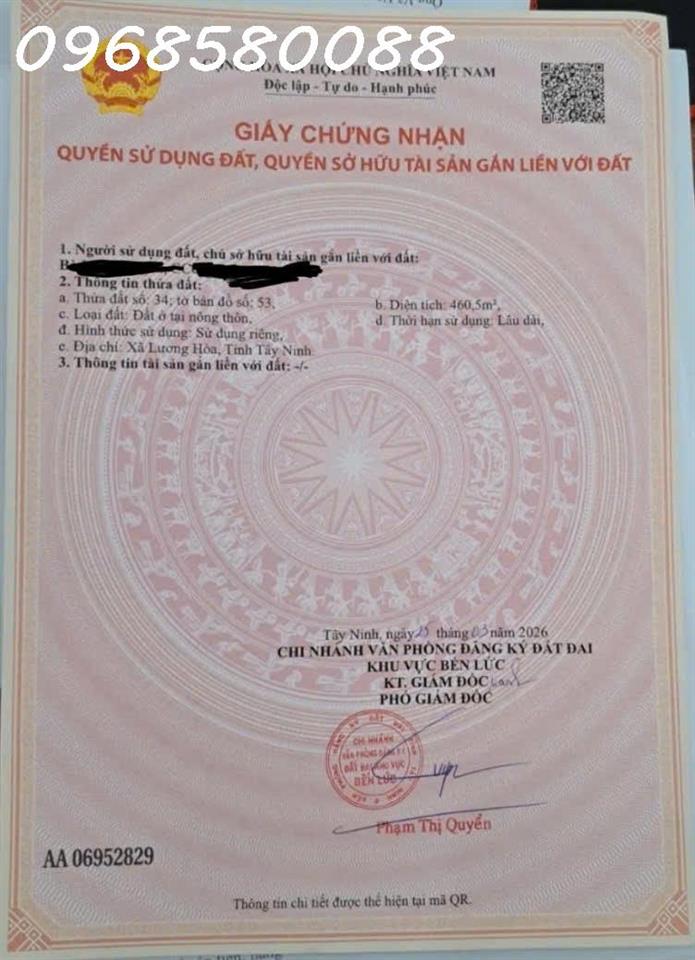 Bán đất mặt tiền đường TL830, xã Lương Hoà, tỉnh Tây Ninh, DT 460,5m2, giá đầu tư