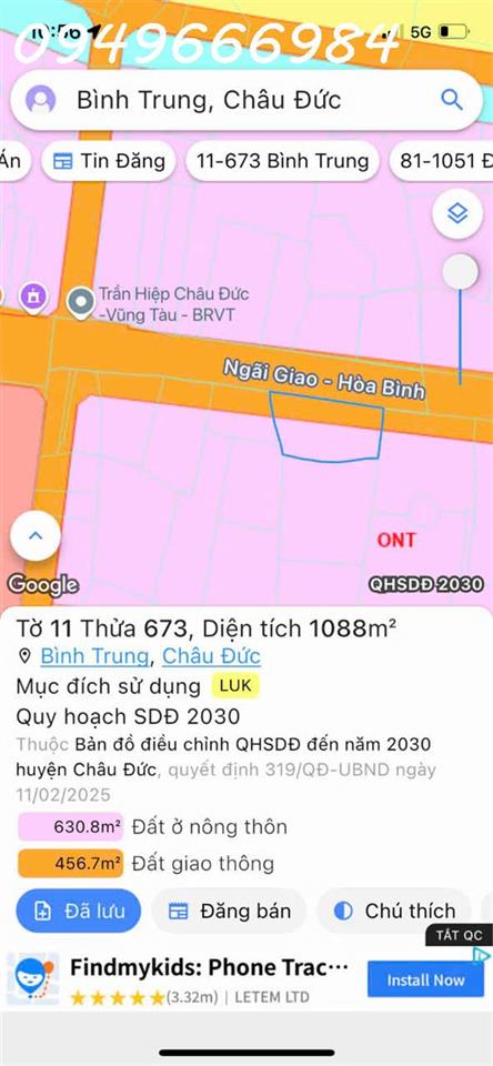 BÁN ĐẤT MẶT TIỀN MỸ XUÂN – NGÃI GIAO (BÌNH TRUNG, CHÂU ĐỨC)