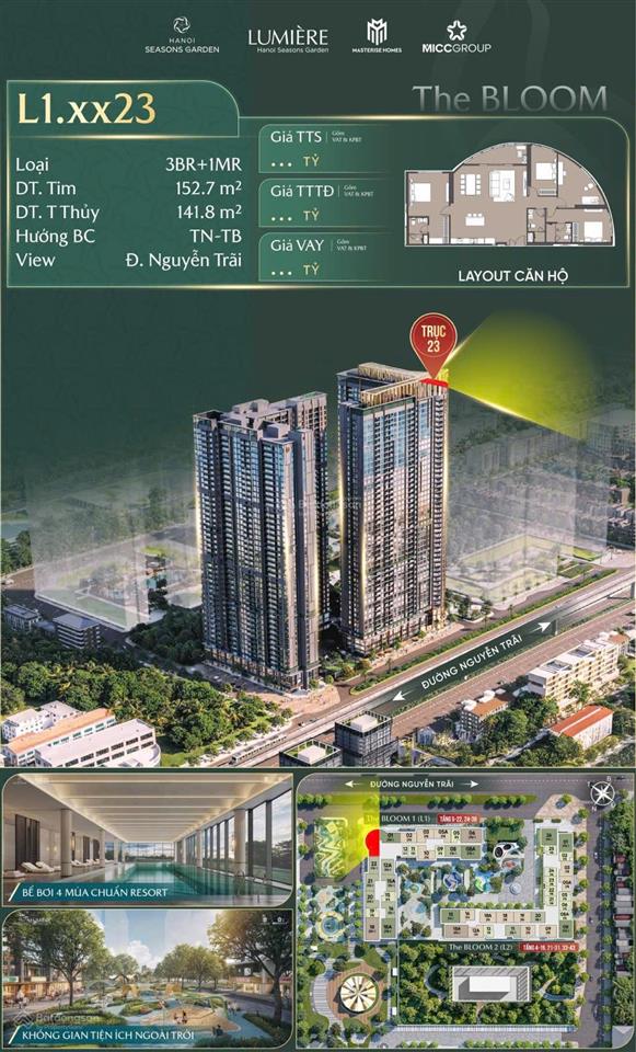 Bán căn 3 ngủ + .. căn số 1423 toà l1 chung cư lumiere cao xà lá thanh toán nhanh 15 ngày 20.7 tỷ