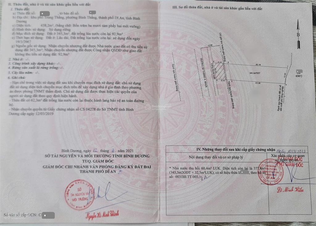Bán đất gần làng đại học  mt đường 30 tháng 4, p.bình thắng, tp.dĩ an, dt 377,8m2 ngang 10m