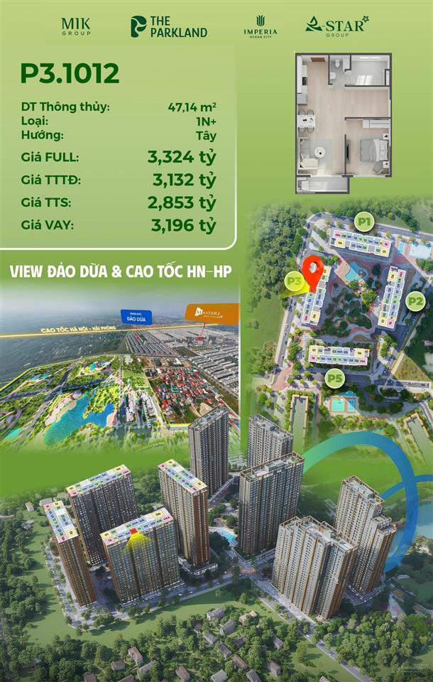 Bán cc the parkland  imperia ocean city, 2,852 tỷ, 48 m2, rẻ nhất thị trường.  0962 506 ***