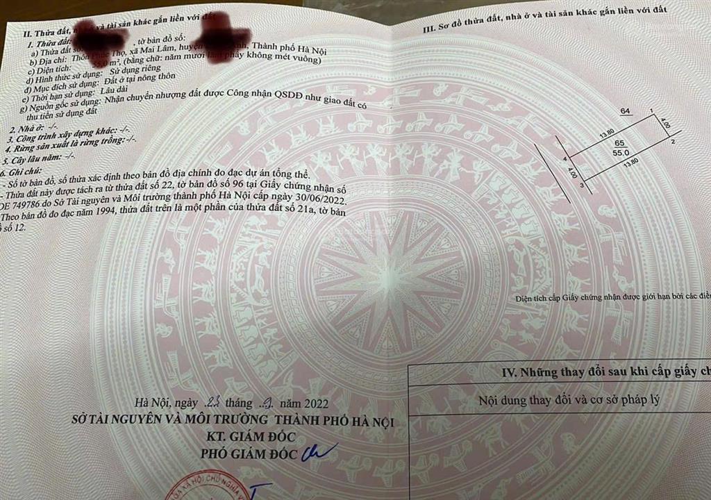 Chưa đến 4 tỷ 55m2 mai lâm xã đông anh  mt 4m hậu 4m  500m ra cầu đông trù, cầu tứ liên