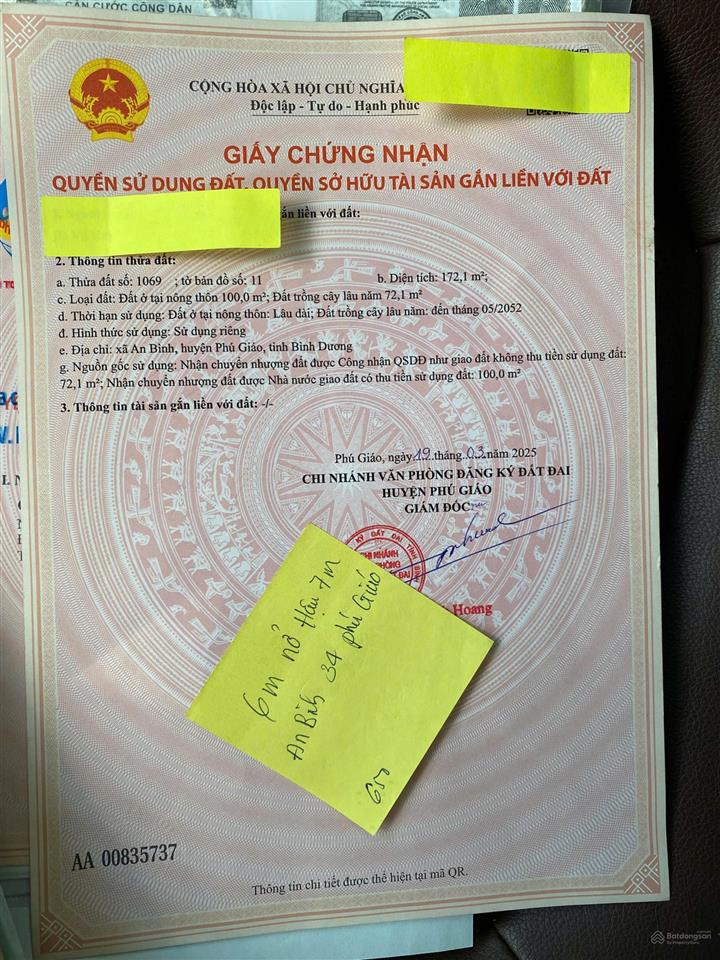 Bán đất phú giáo bình dương 172.1m2  ngang 6m nở hậu 7m  mặt tiền đường nhựa  1.150 tỷ