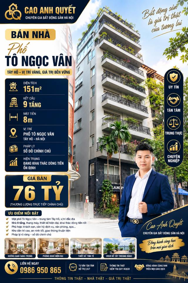 Bán Nhà Mặt Tiền Tô Ngọc Vân Tây Hồ 151m2-9T MT8m 2 THOÁNG 76 Tỷ Tô Ngọc Vân. 