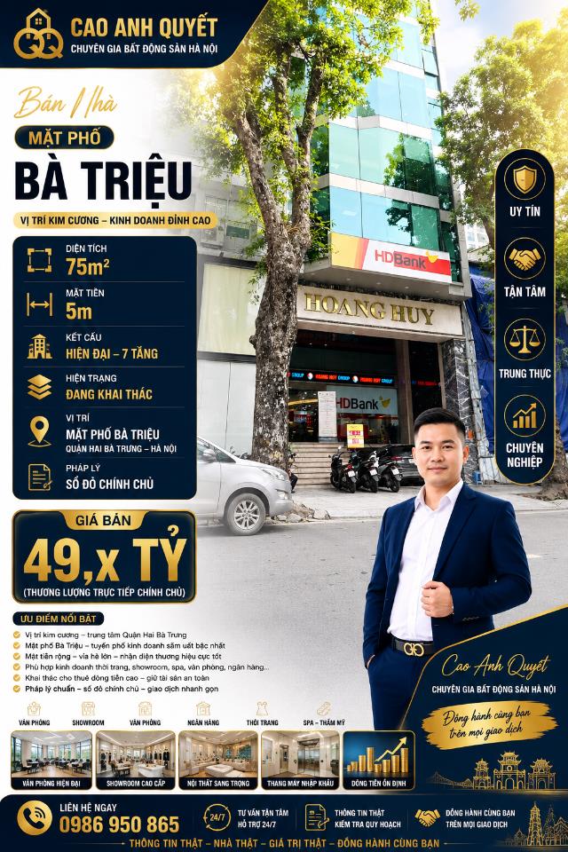 Bán Nhà Mặt Phố Bà Triệu Hai Bà Trưng 75m2-3T 1 Sổ 1 Chủ 49,5 Tỷ Bà Triệu. 
