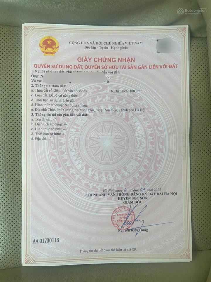 Bán đất thôn phú cường minh phú sóc sơn 100m², sổ đỏ lâu dài, giá 27,5 triệu/m²