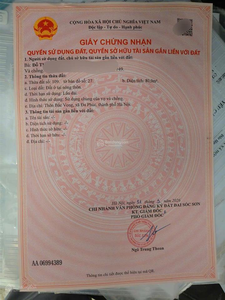 Bán 80 m2 đất thổ cư thôn bắc vọng, đa phúc, sóc sơn, hà nội sổ vuông đẹp, giá 2,2 tỷ