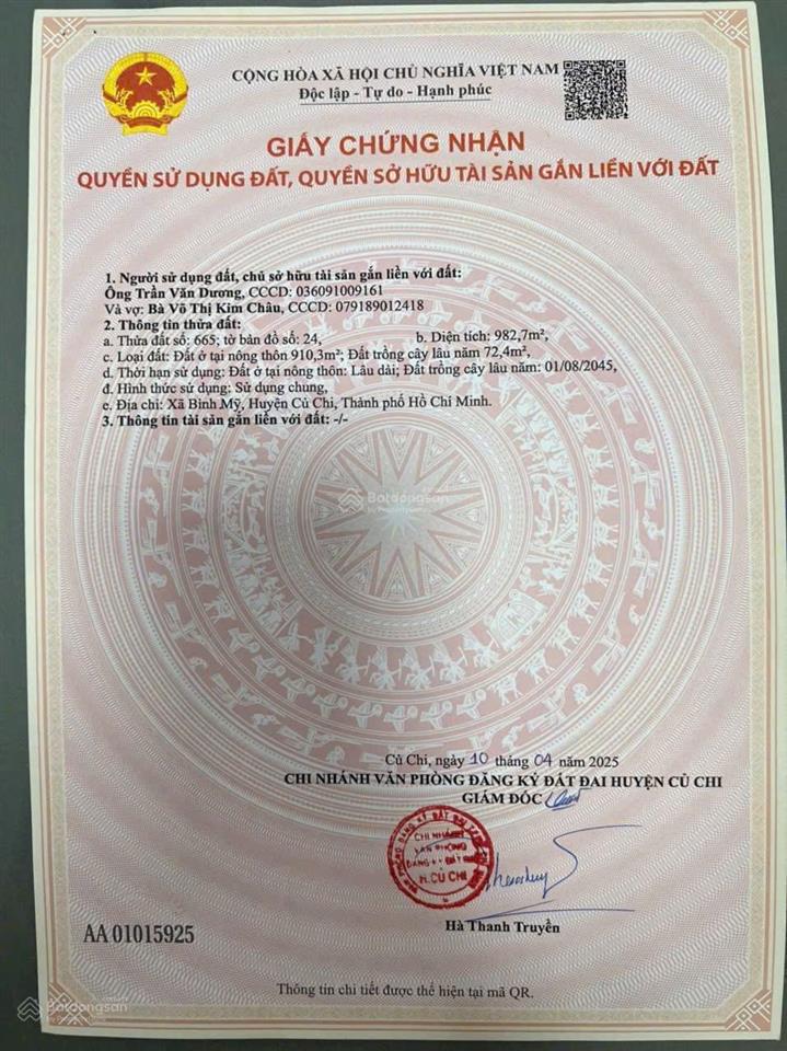 Bình mỹ, củ chi | đất mặt tiền rạch bà đội shr 1000m2 thổ cư 910m2