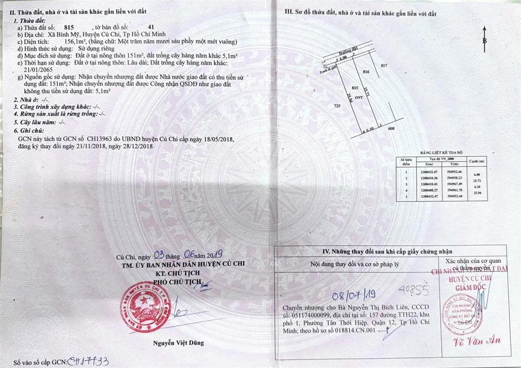 Bán đất thổ cư 6x25=156m nở hậu 6,1m.