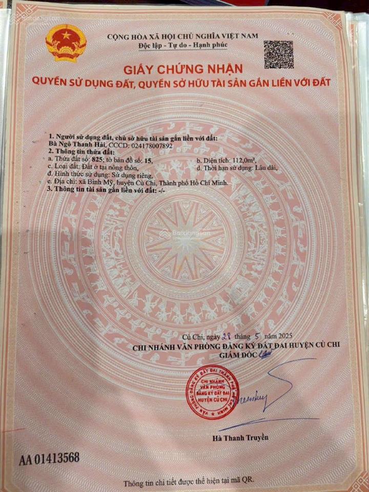 Bình mỹ  củ chi 1 sẹc hà duy phiên  bán đất thổ cư 5x22m xây dựng tự do, hoàn công